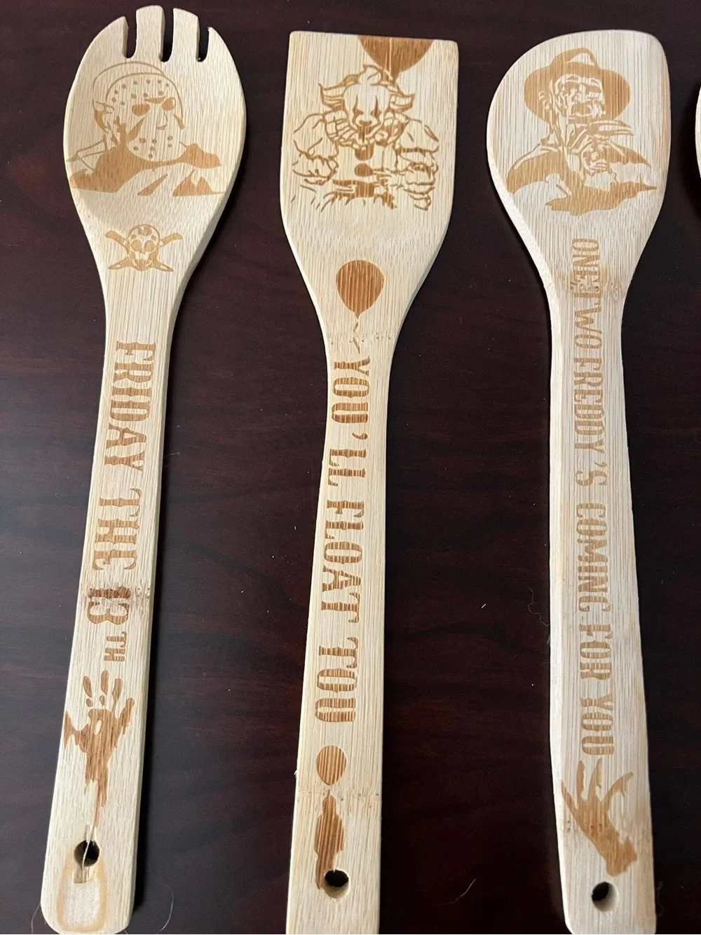 Engraved Bamboo Kitchen Utensil Set - Natural Wood with Halloween characters